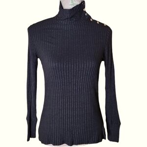 Trina Turk Size Medium Black Ribbed Mockneck Sweater Metallic Button Accent Neck
